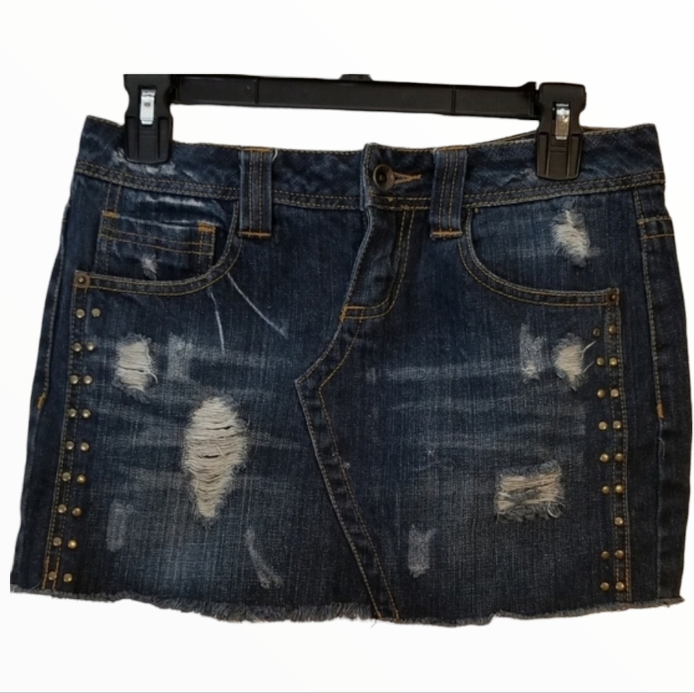 Hang Ten Raw Hem Distressed Mini Blue Jean Skirt  3